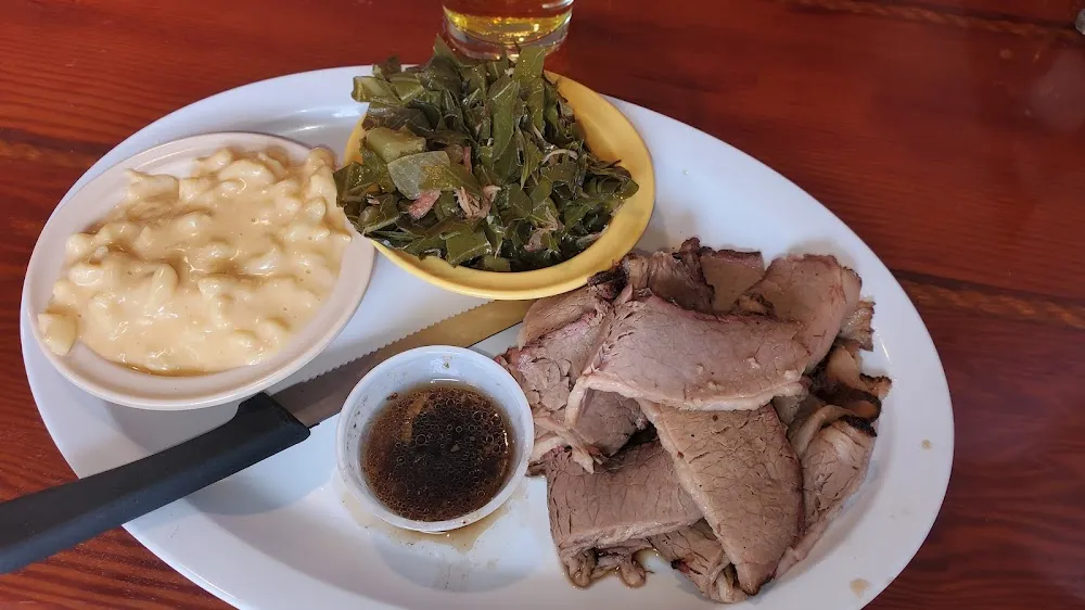 Brisket Platter with Macaroni and Cheese and Collard Greens